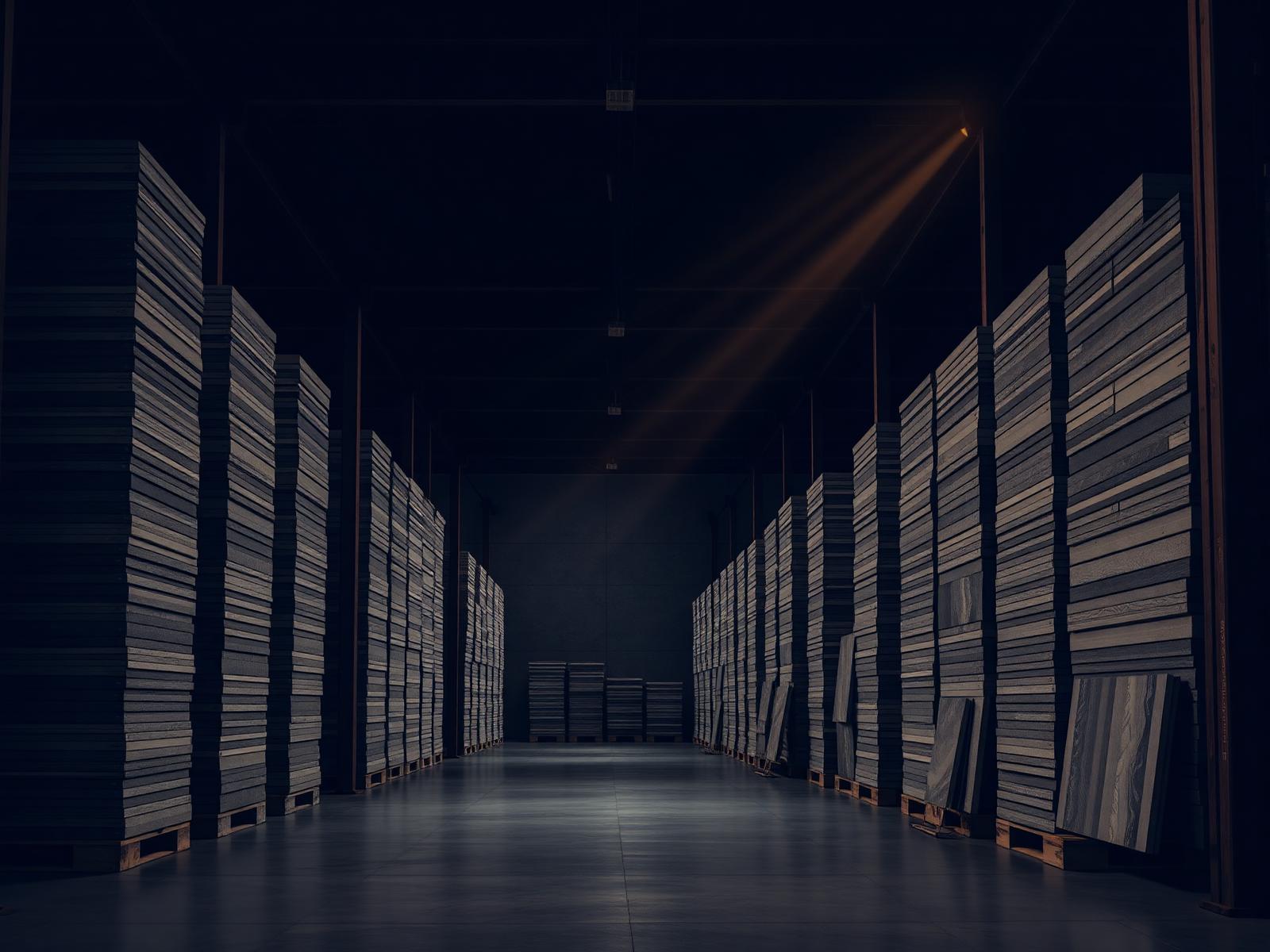 Warehouse stacked with premium porcelain tile pallets