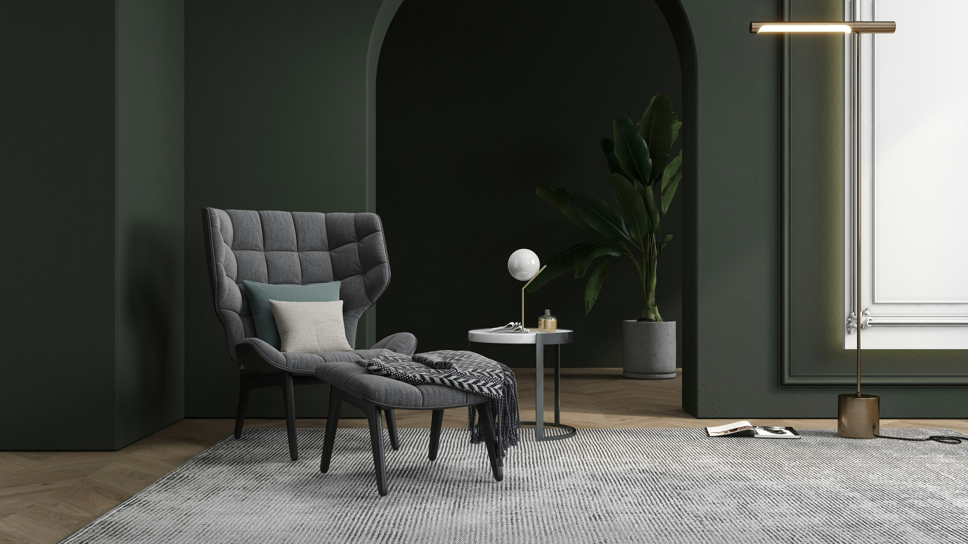 Deep-green interior with arched niche, wingback armchair and brass floor lamp