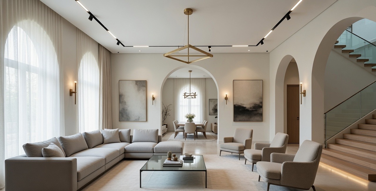 Bright living room with arched doorways finished in Spencer Tiles surfaces